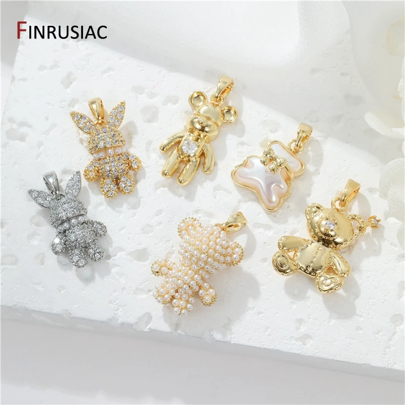 FINRUSIAC 14K Gold Plated Luxury Zircon Bear Charms For Jewelry Making, Cute Pearl Bear Pendants Handmade Crafts Accessories