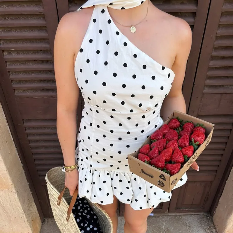 

Talenza Women Polka Dot Backless Dress Sexy Scarf Ribbon Sleeveless Contrast Bow Dress Elegant Fashion Polka Dot Vacation Dress