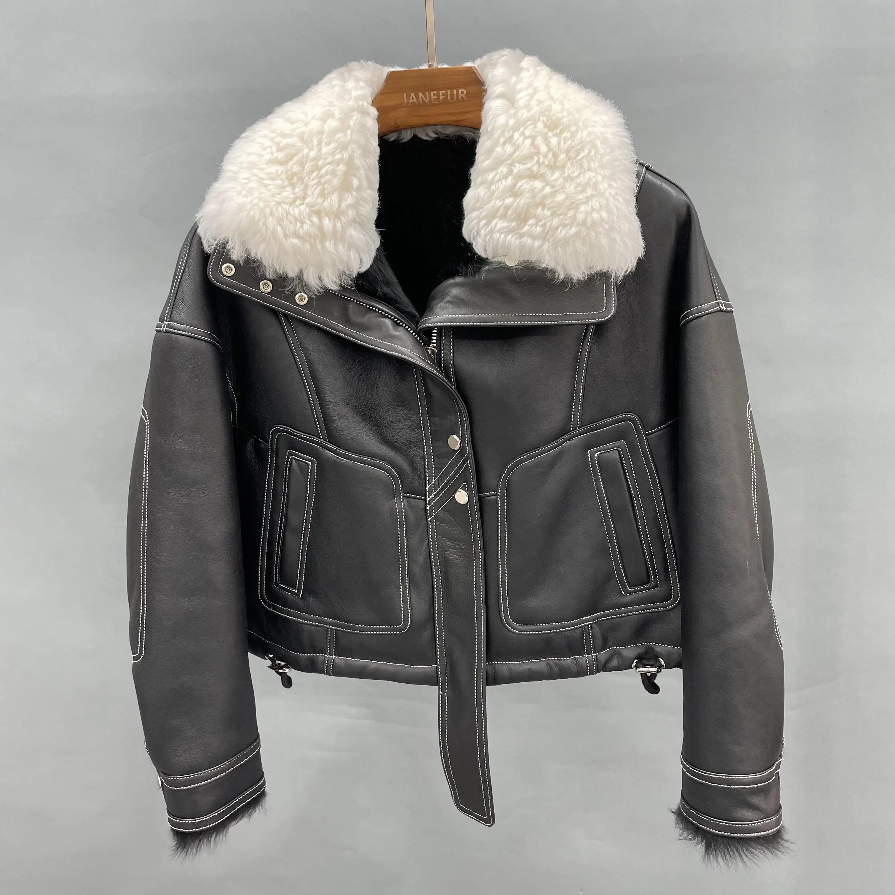 2023 Janefur Winter Jackets Genuine Sheepskin Shearling Jackets Real Lamb Fur Women Double Face Leather Coats