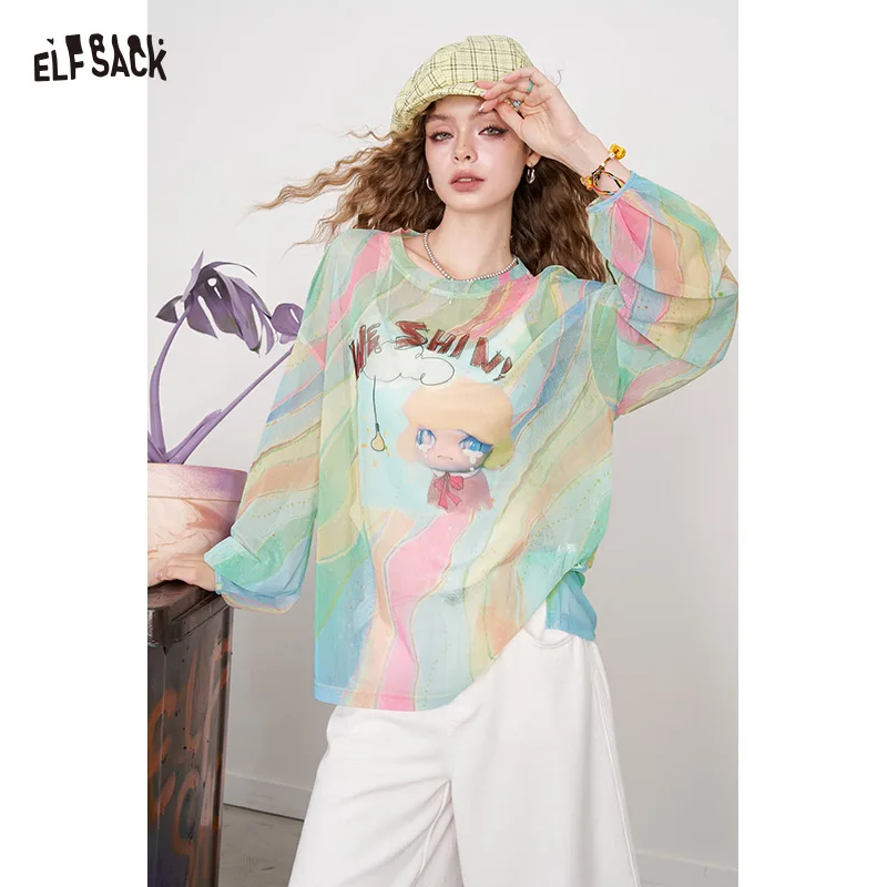 ELFSACK 2025 Summer New Arrival Dopamine Graphic Mesh Long Sleeve T-shirt Lagenlook Oversized Cover-Up Top dla kobiet