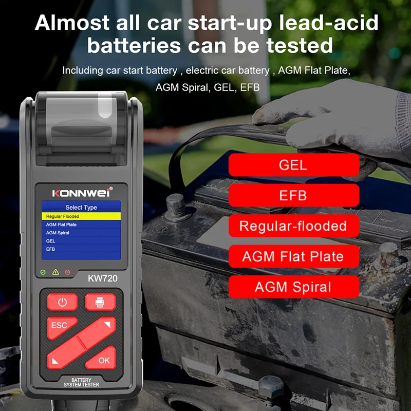 KONNWEI KW720 Battery Tester Analyzer Charging Cranking Test Tool for Car Motorcycle Truck with Integrated Printer 6V 12V 24V