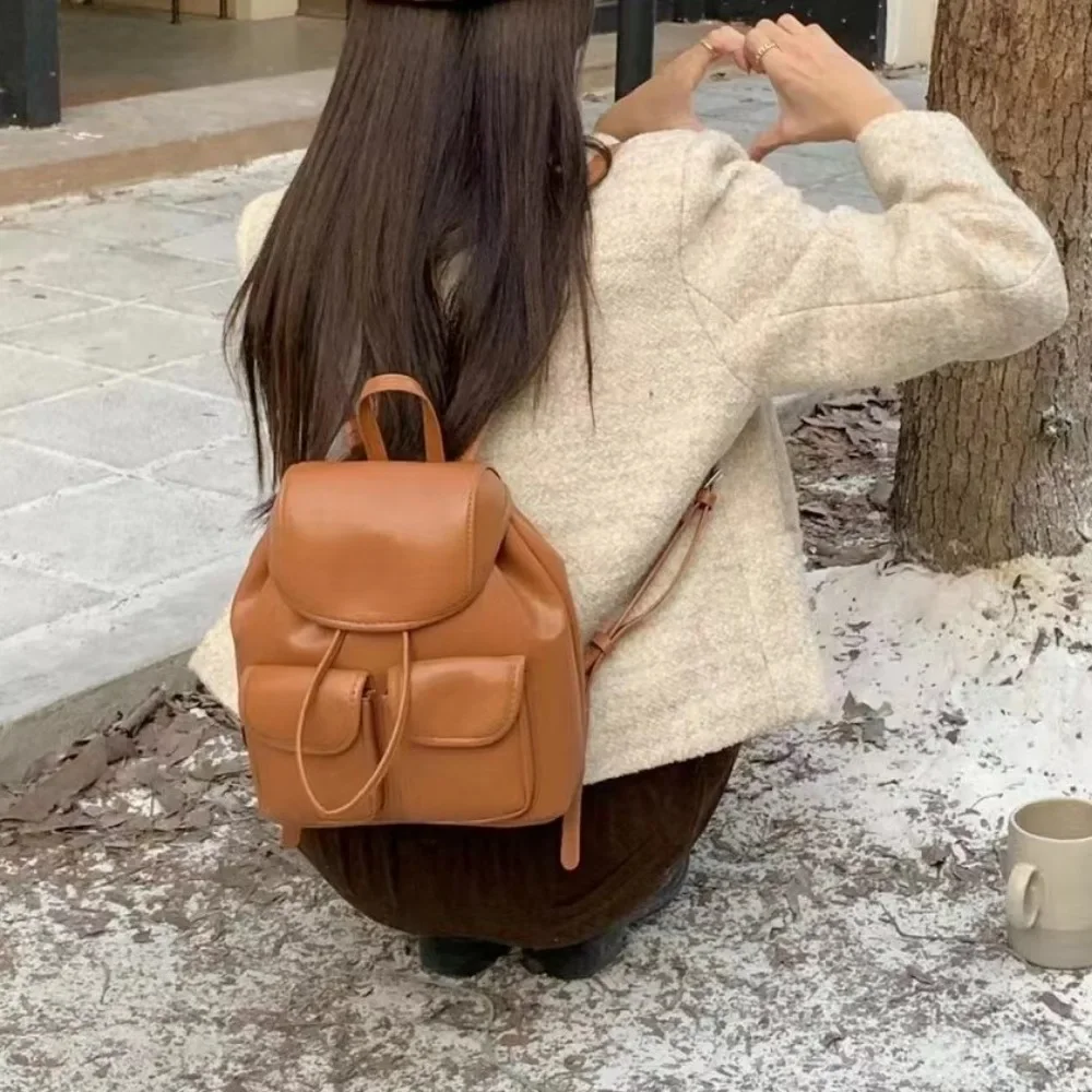 

South Korea Vegan PU Leather Backpacks Women Simple Fashion Large Capacity Backpack Student Girls Vintage Versatile School Bag