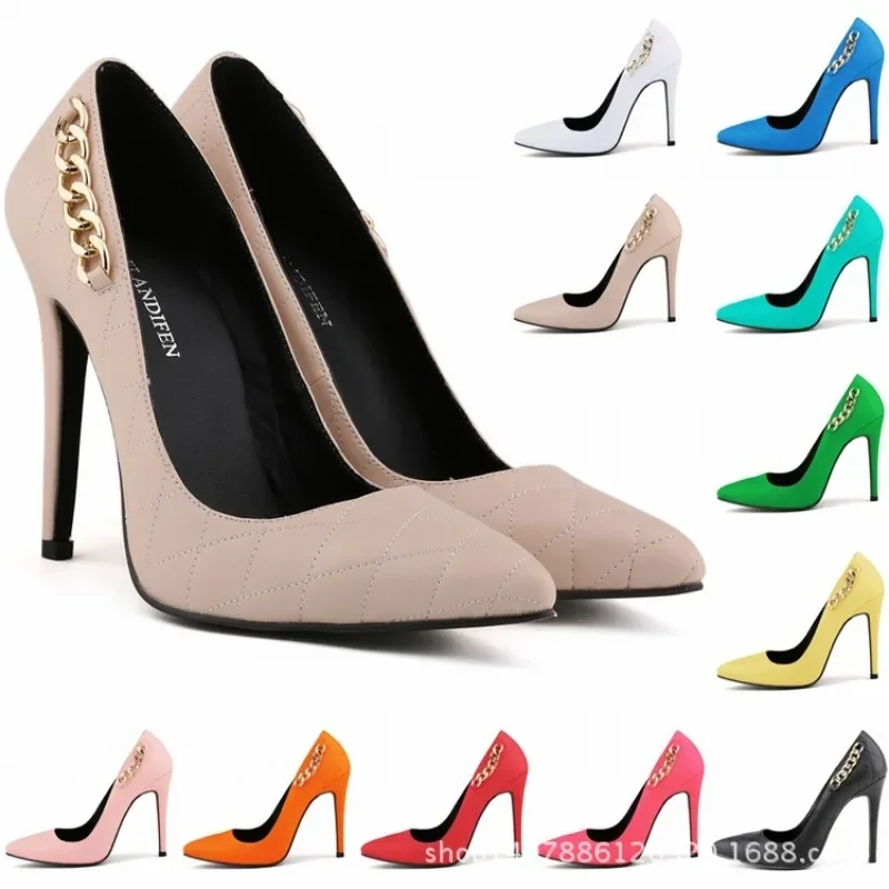 Loslandifen nova moda feminina sexy corrente stilettos clássico apontou dedos 6.5cm super alta primavera marca design sapatos de festa