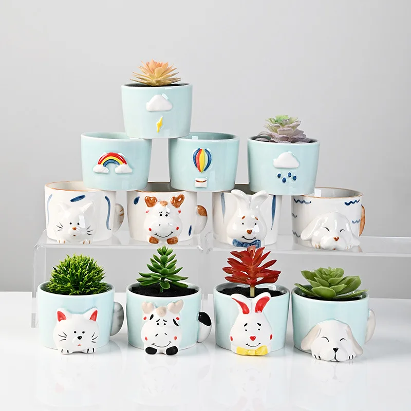 Hand Painted Ceramic Succulent Pots Cute Cartoon Animal Planters for Home Office Decor