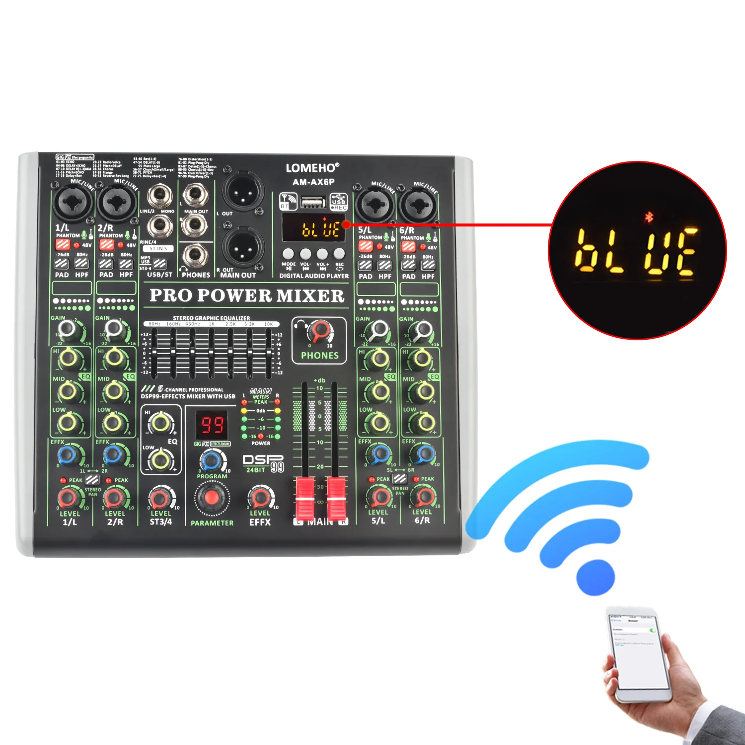 LOMEHO 99 Effects Power Audio Mixer Amplifier 6 Channel Sound DJ Mixing Console Individual 48V USB PC Record Bluetooth AM-AX6P