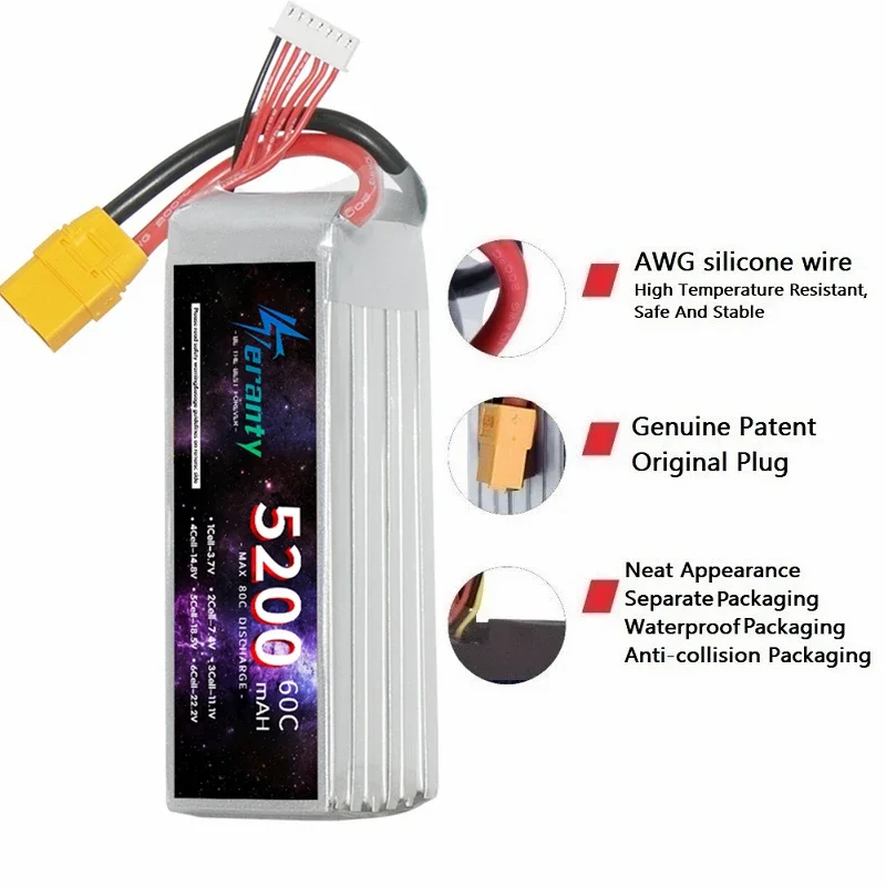 22.2V 6S LiPo Rechargeable Battery 60C 5200mAh With EC5 XT60 T XT90 Plug For RC Racing Car Drone Airplane Helicopter Quadcopter