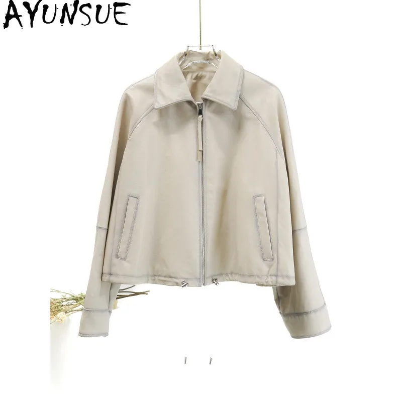 AYUNSUE Real Leather Jacket Woman Retro Lapel Sheepskin Coats for Woman Solid Loose Short Outerwear Woman Clothes Куртка Женская