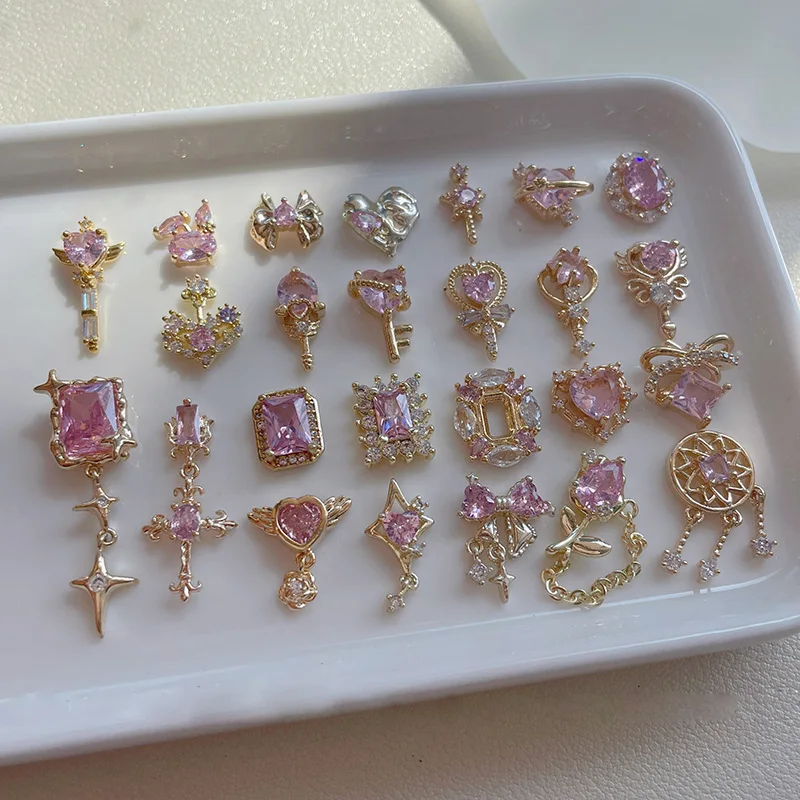 

10pcs Love Bow Cherry Blossom Star Rose Nail Decorations Super Glitter Zircon Pink Series Flash Accessory