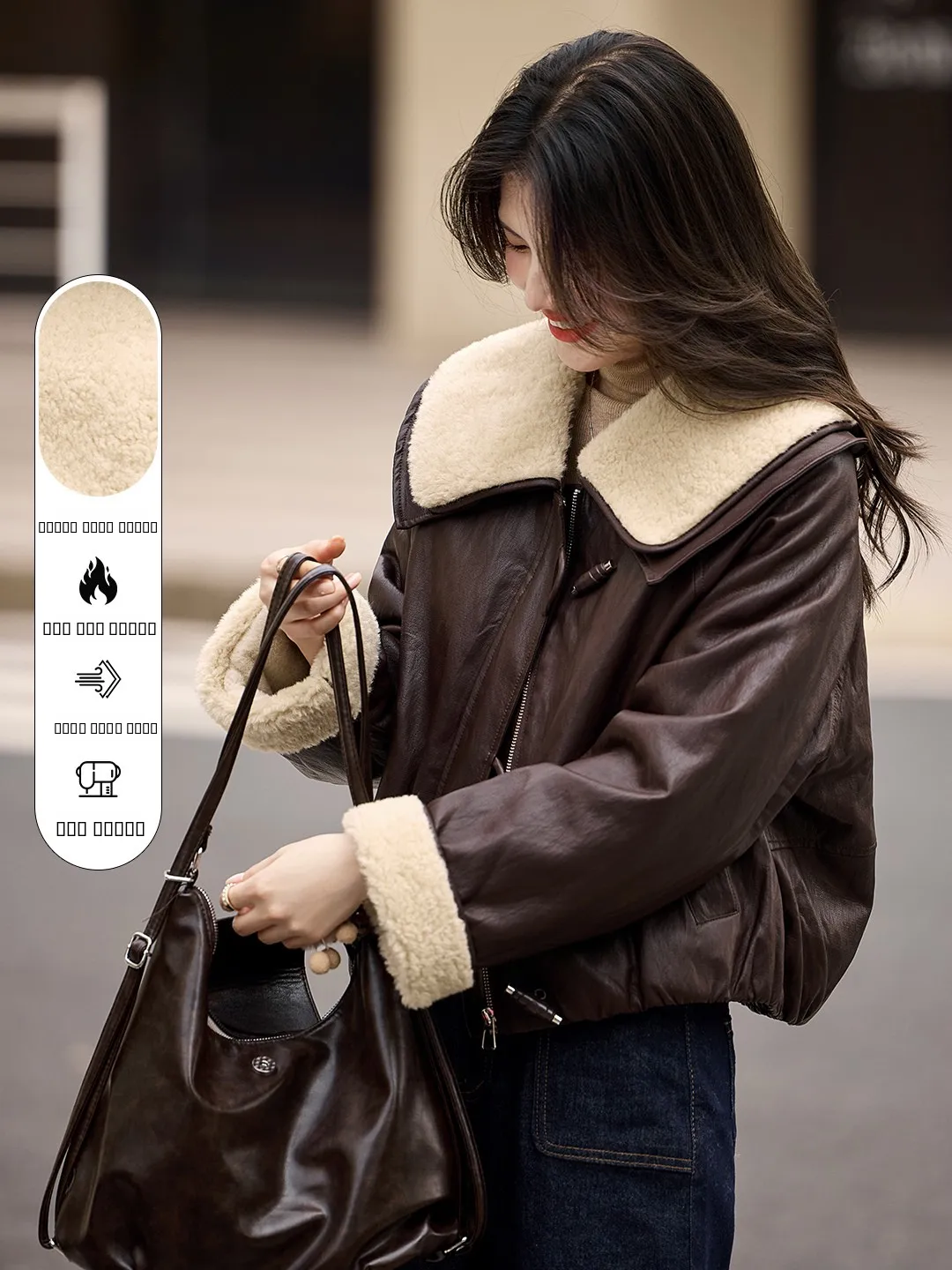 

Женская зимняя повседневная теплая кожаная куртка Xin Fei Yu с флисовой подкладкой, на молнии, с откидными карманами