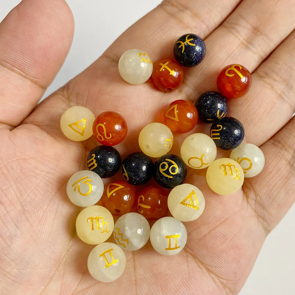 10mm Stone Constellation Beads Round Natural Agates Jades Zodiac Sign Beads For Jewelry Making Bracelet DIY Necklace Craft