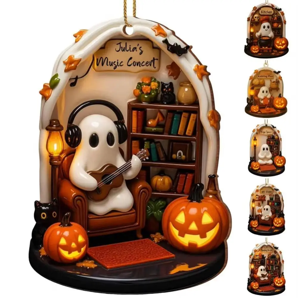 

Cute Reading Ghost Halloween Ghost Ornaments 2D Flat Acrylic Pendant Halloween Spooky Decorations Party Supplies