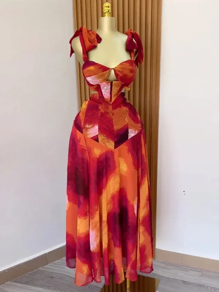 

Fashion Printed Women Long Dresses Beach Holiday Street Bowknot Crop High Waist Big Swing 2 Piece Party Dress