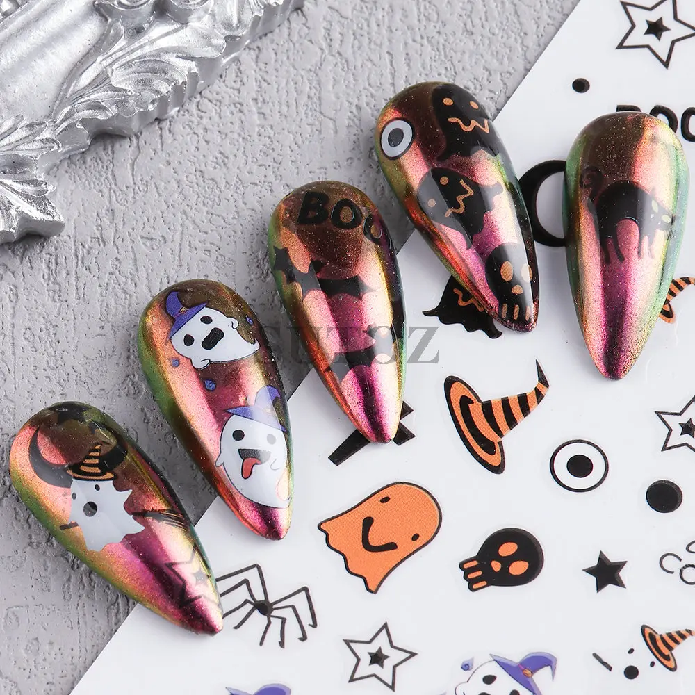 3D Mignon Fantôme Nail Autocollant Coloré Halloween Décoration Dessin Animé Citrouille Ongles Curseur Chat Noir Araignée Chauve-Souris Manucure Décalcomanies LEB-CA