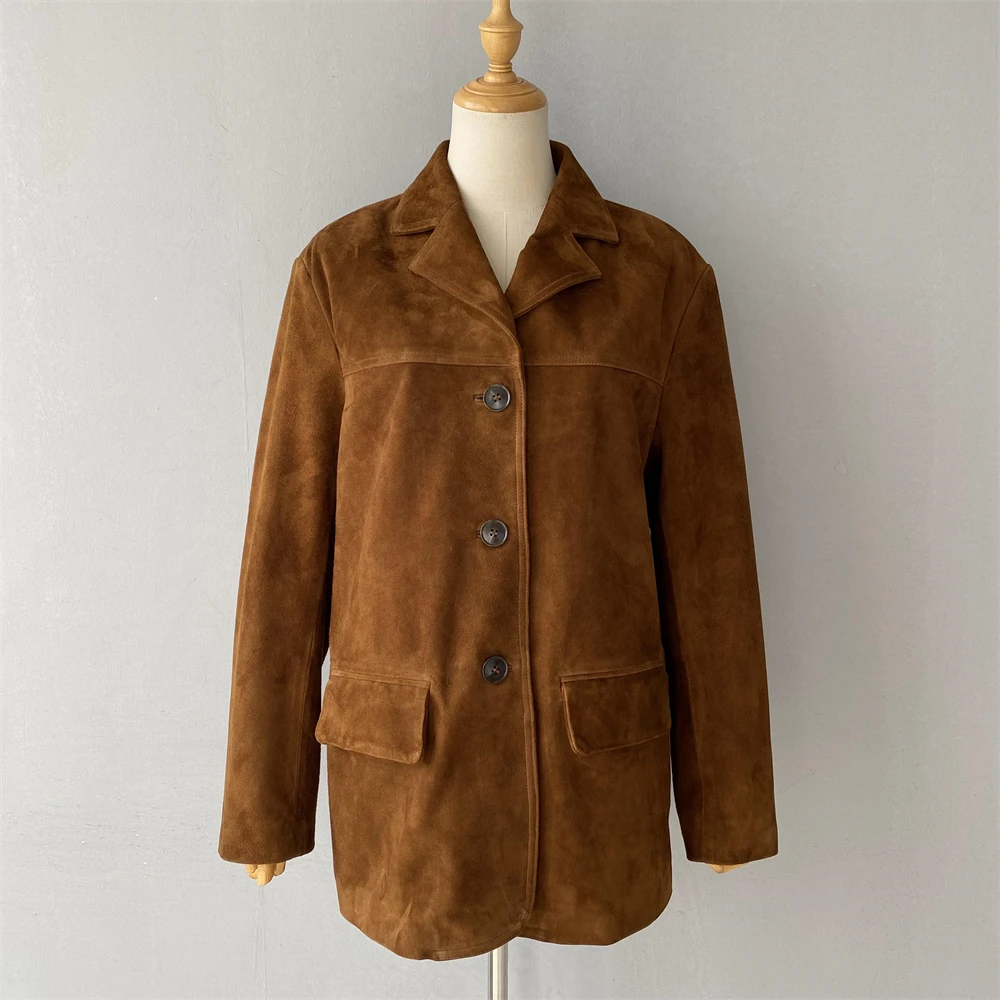 Jxwatcher Damen-Jacke aus echtem Wildleder, 2025, Frühling und Herbst, modischer, übergroßer Leder-Blazer, hochwertiger Wildleder-Anzug mit Oberschicht