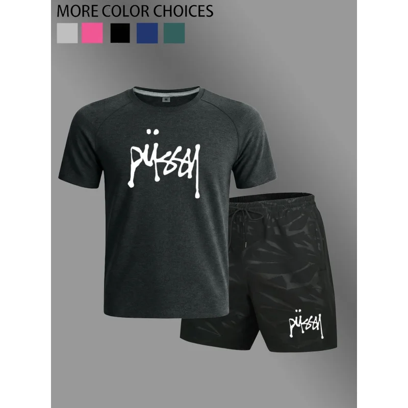 

Simple printed silk stretch T-shirt + shorts, gym fitness crew-neck T-shirt set, cool and breathable fabric suitable for summer