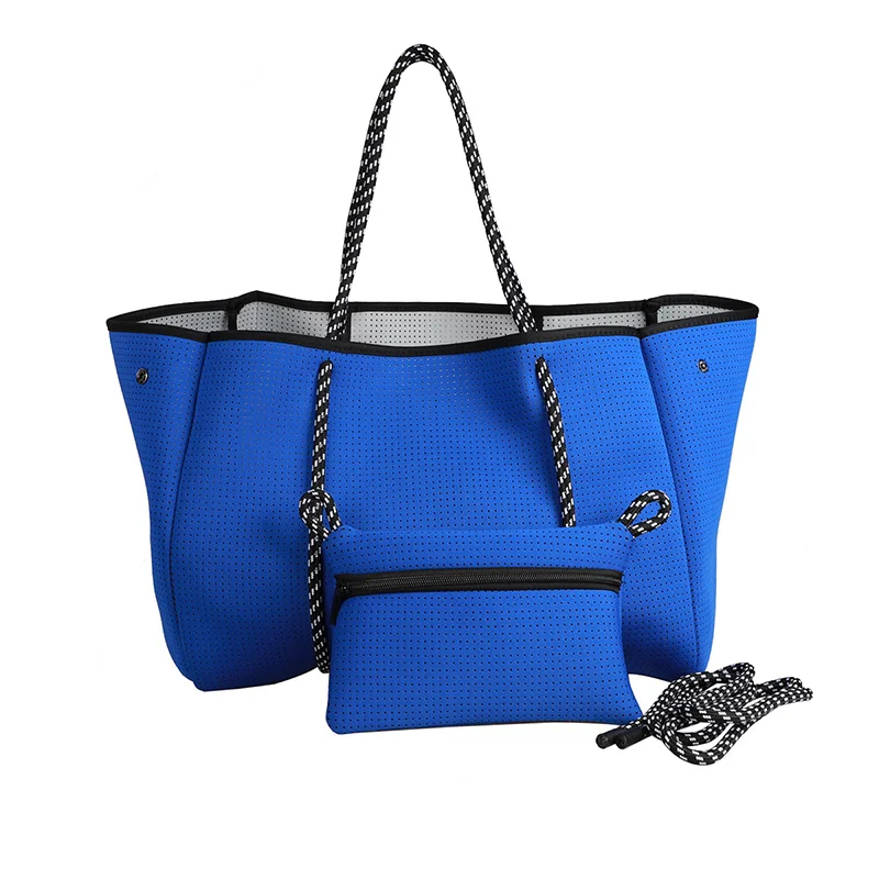 2023 Summer Women Beach Bag Large Capacity Neoprene Solid Black Blue Shoulder Bag 2pcs/set Ladies Casual Shopper Bag Tote Purses