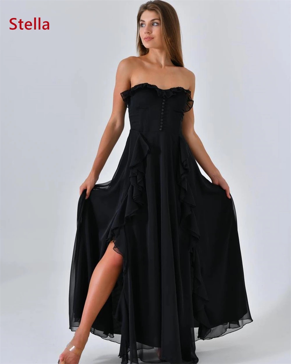 Robe De soirée en mousseline De soie noire, personnalisée, exquise, classique, sans bretelles, sans manches, robes De retour, à la mode
