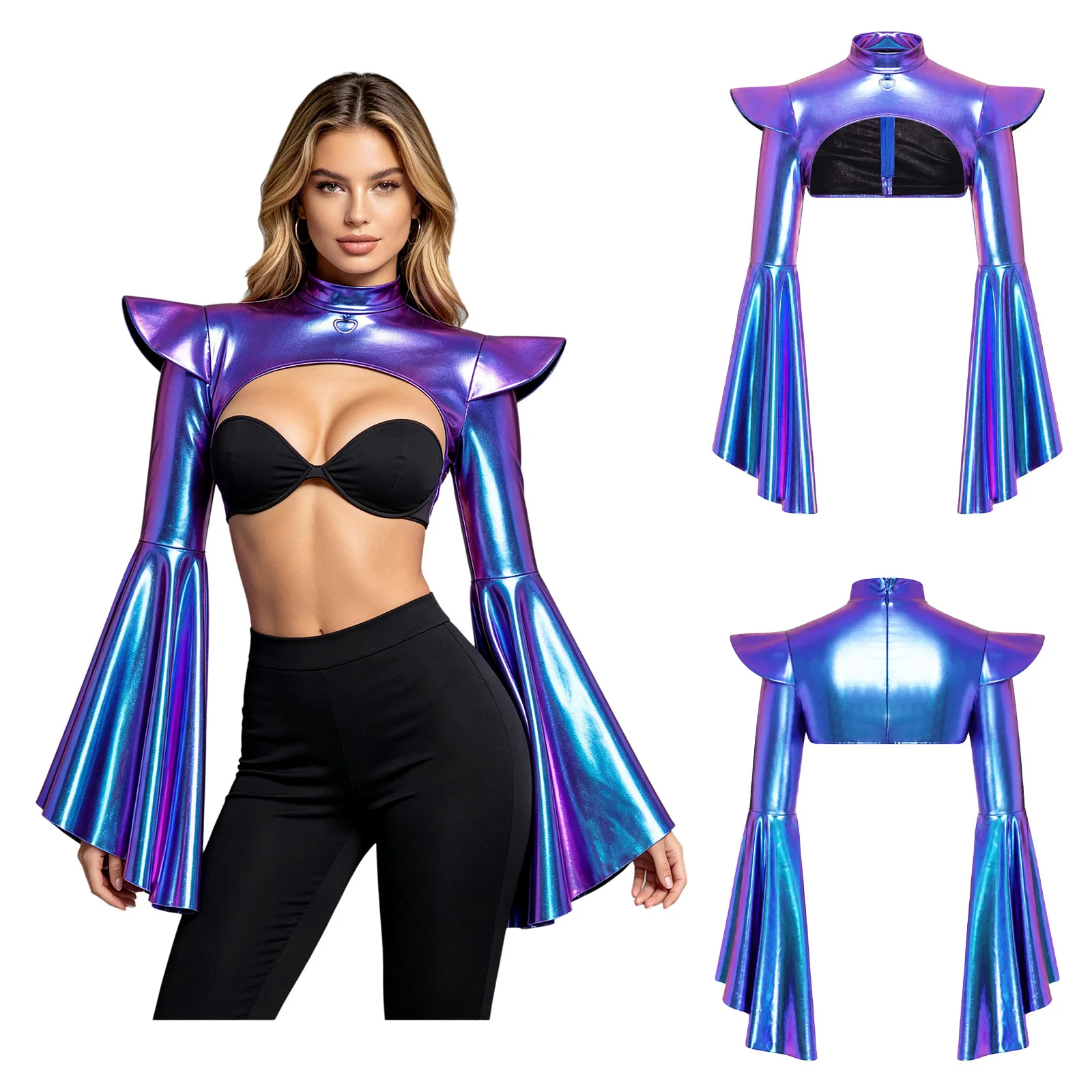 Womens Gothic Tank Tops Metallic Shrug Split Flared Sleeve Mock Neck Crop Top for Halloween Roleplay Party Stage Performance