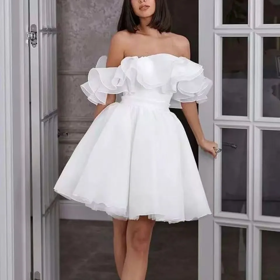 

Customed Mini Wedding Dress Plus Size For Bride A Line Short Bridal Gowns Off Shoulder Ruffle Vestidos De Novia Birthday Dress