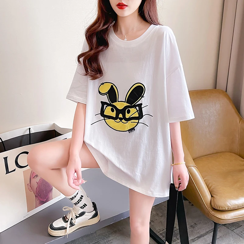 

Cotton Short Sleeve T-shirt Women's Summer 2024 Embroidery Flower Mid-length Korean Version Crew Neck Top Loose Women's Clothing