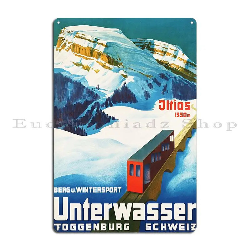 Visit Unterwasser Village In Toggenburg Schweiz For Winter Sports Old Travel Poster 1934 Metal Plaque Poster Wall Cave