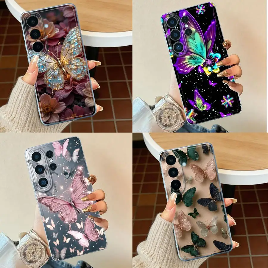 Phone Cover Case for Samsung Galaxy S26 Ultra S22 FE S25 Edge S23 Note 20 Ultra 10 S21 S24 S25Ultra S26 S20 Plus Butterfly Flora
