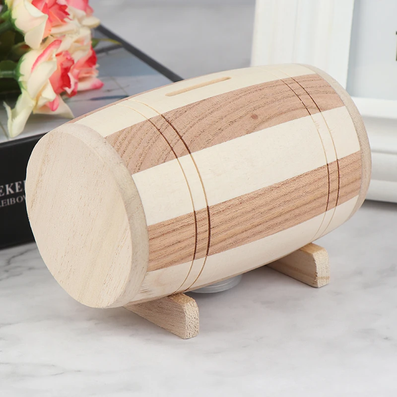 1pc Wooden Money Box Piggy Bank Money Box Savings Wine Barrel Wood Piggy Bank