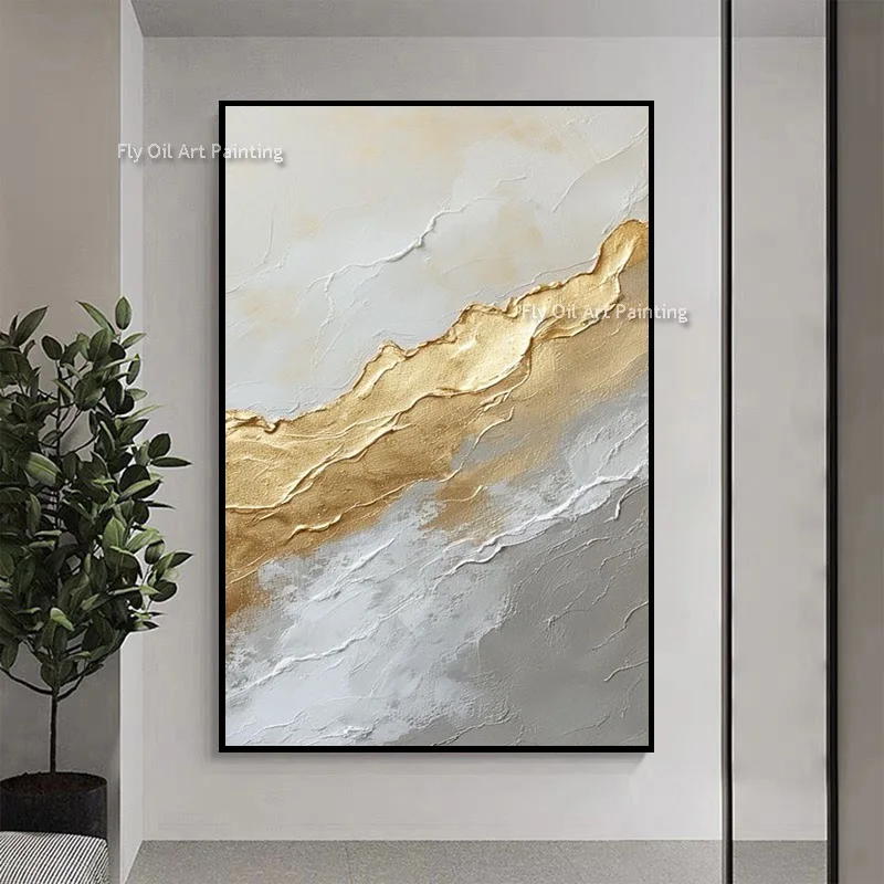Handmade Golden Wave Relief Wall Art, Layered Impasto Texture Painting, Neutral Tones Luxury Hallway Canvas Decoration