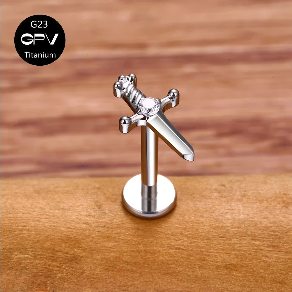 Titanium G23 Internal Thread Ear Cartilage Nail With Sword Inlay ZC Male And Female Puncture Jewelry Ear Nail Lip Nail