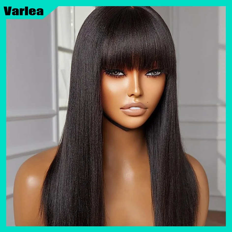 Varlea 200% de densidad sin peluca de encaje pelucas de cabello humano liso peluca negra completamente tejida con flequillo peluca corta Bob pelucas para mujeres