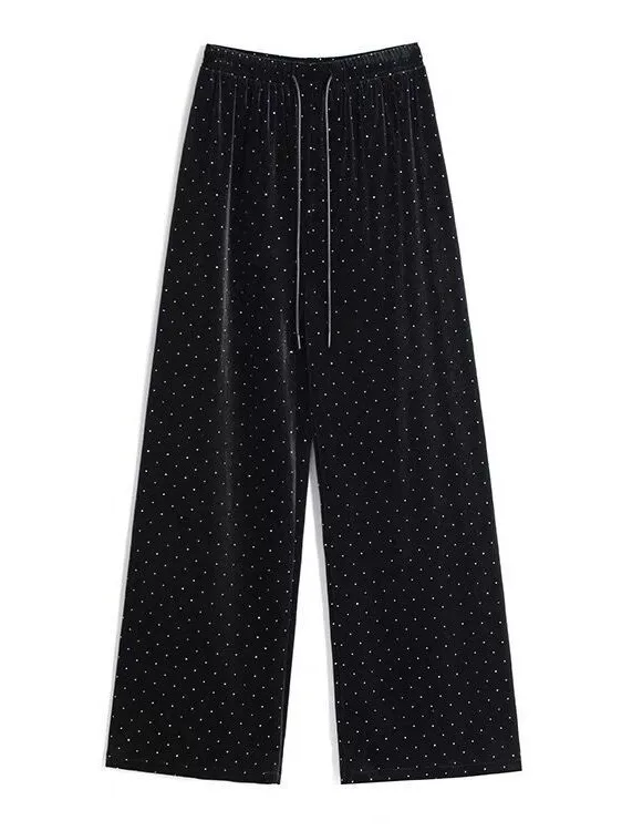 Velvet hot diamond loose straight casual pants for women drapey drawstring polka dot wide leg pants for women