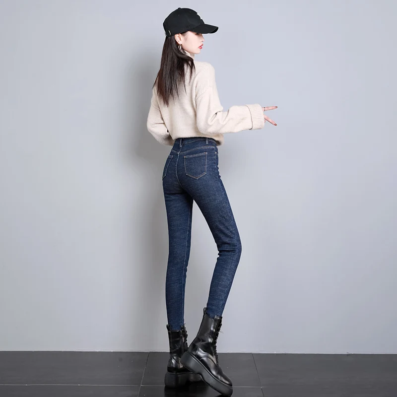 

2023 New Women Thick Velvet High Waist Skinny Jeans Thermal Jeans Winter Warm Plush Stretch Snow Jeans Cozy Denim Trousers