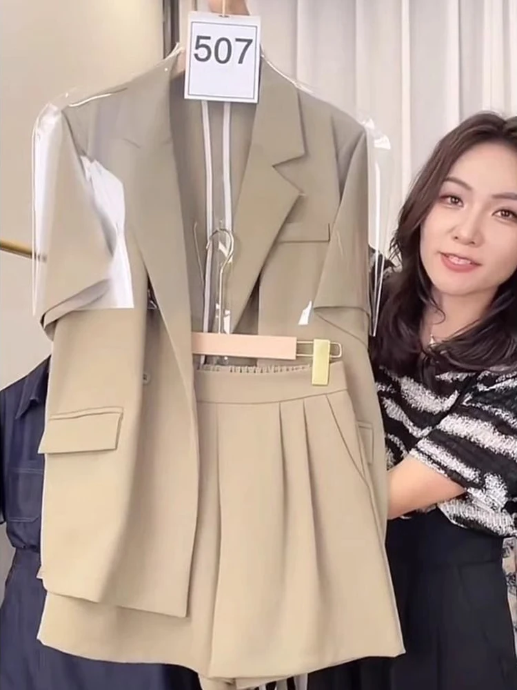 Chic Khaki Suit Jacket And Shorts Set Women's Summer Fashionable Powerful Lady Style Short Sleeve Button up Two Piece Set