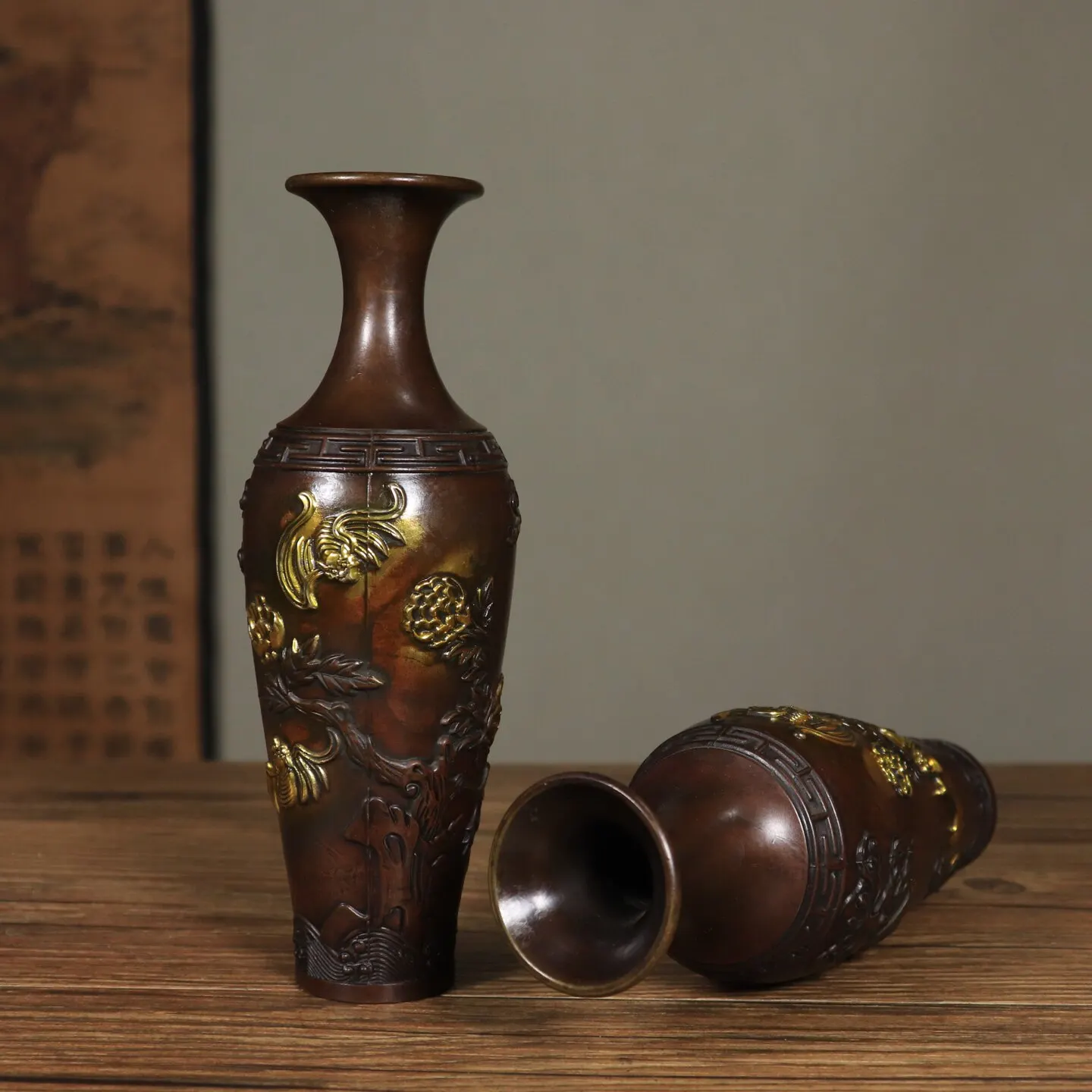 Antique Solid Copper Fortune Vase Pair Chinese Traditional Home Decor For Living Room TV Cabinet Lucky Gift