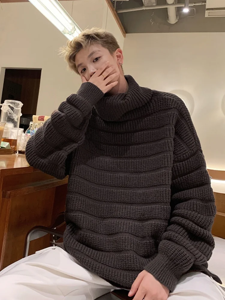 

Мужской вязаный свитер с высоким воротником, длинными рукавами, свободного кроя, осенне-зимний, повседневный, в полоску, с текстурой, в американском стиле, удобный