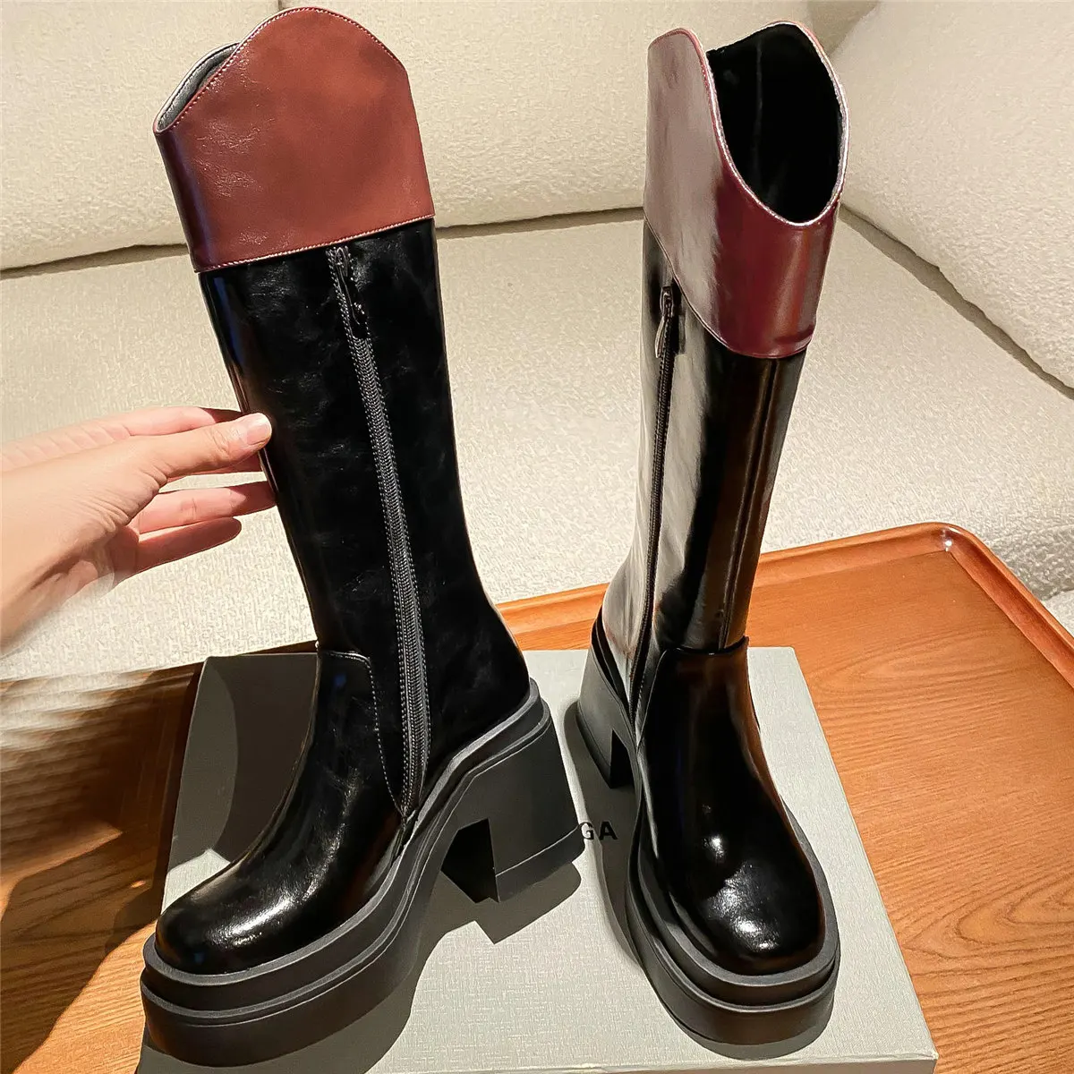 

Warm High Heel Creepers Women Genuine Leather Knee High Snow Boots Female Winter High Top Round Toe Platform Pumps Casual Shoes