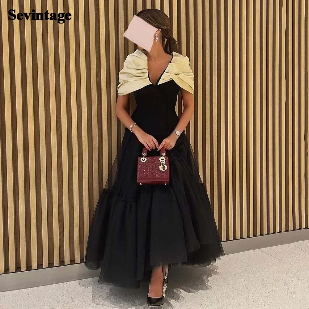 Customized Black Tulle Saudi Arabia Prom Dresses Formal Off Shoulder Women Evening Party Gowns Ankle Length Midi Celebrity Gown