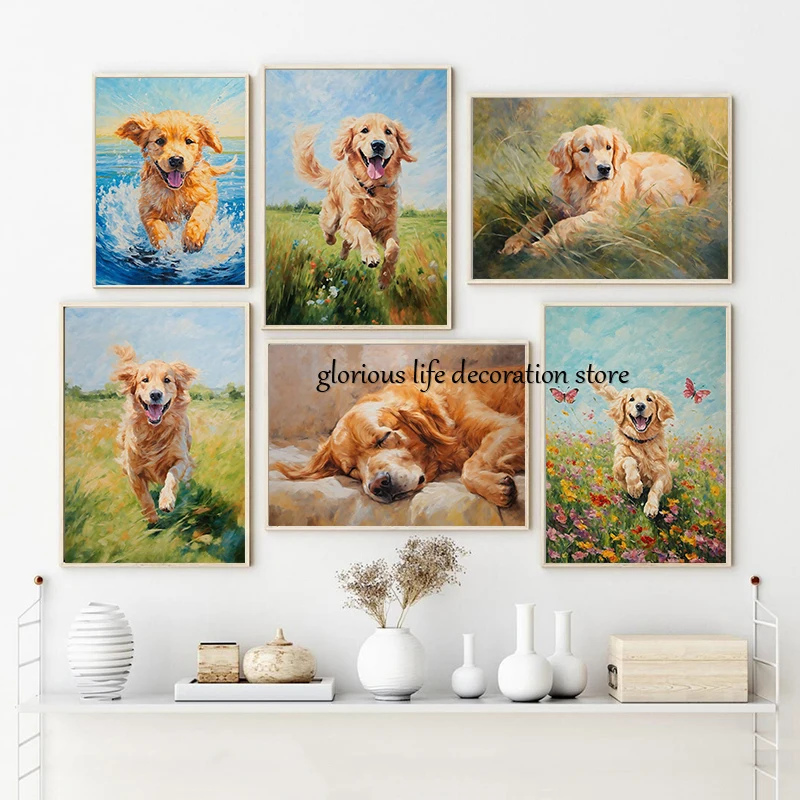 Golden Retriever Poster Dog Running Spring Flower Field Landscape Canvas Printing Wall Art Picture for Living Room Home Decor