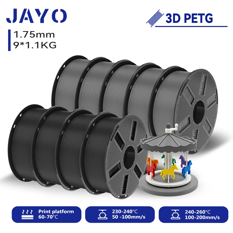 JAYO 9,9 kg 3D PETG/PETG Klares Druckerfilament 1,75 mm ±0,02 mm Hohe Zähigkeit & 100 % ordentlich gewickeltes 3D-Druckfilament, passend für 99 % der 3D-Drucker