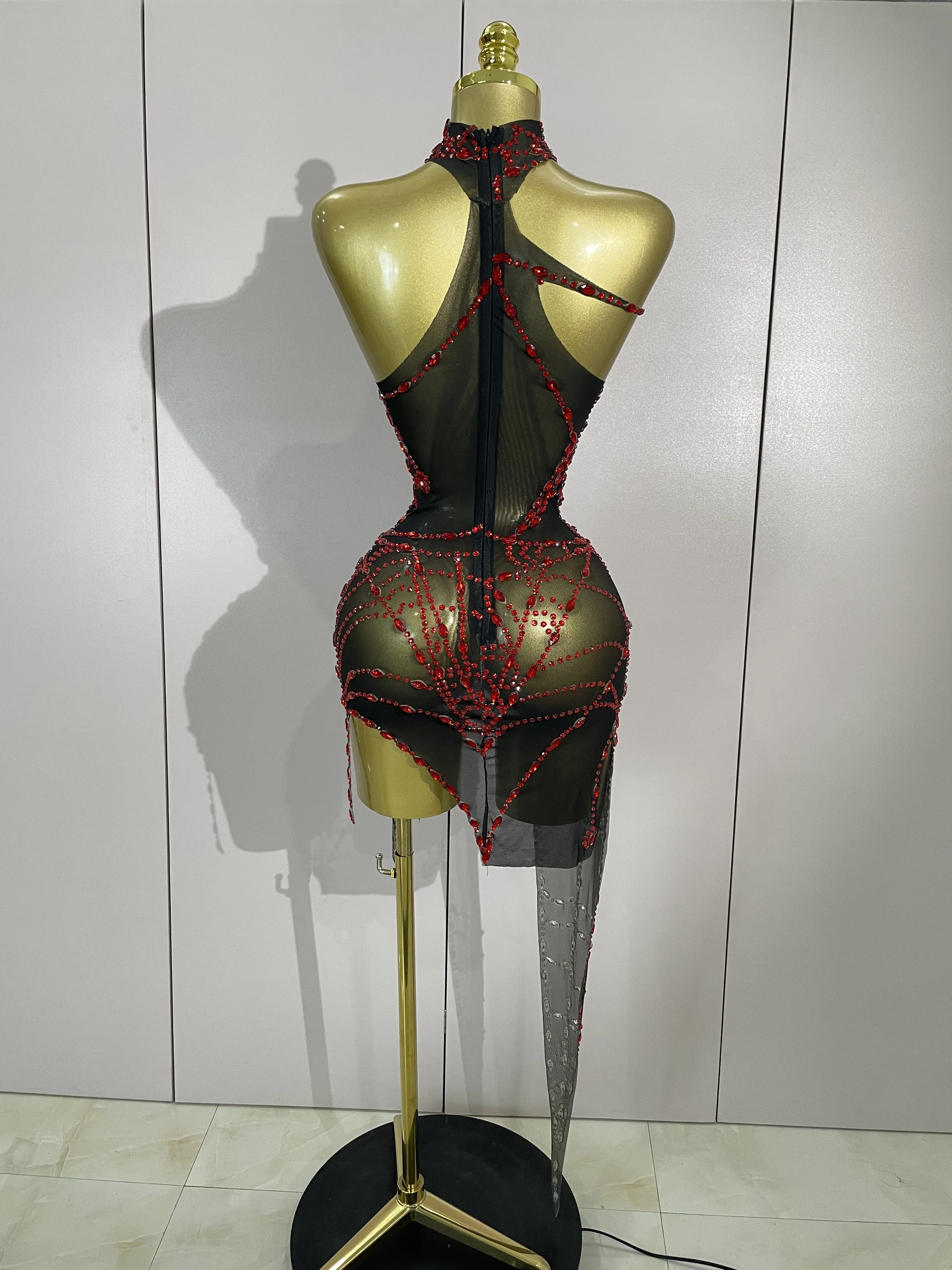 New Sparkly Diamonds Sexy Mesh Asymmetric Stretch Mini Dress Women Nightclub Bar Party Show Gogo Dancer Halloween Stage Costume