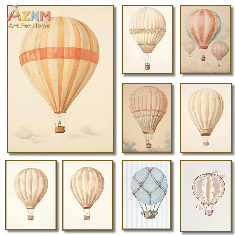 AZNM Vintage Watercolor Hot Air Balloon Canvas Wall Art Neutral Pastel Tone Retro Balloon Sky Drawing Soft Warm Nursery Kids Bed