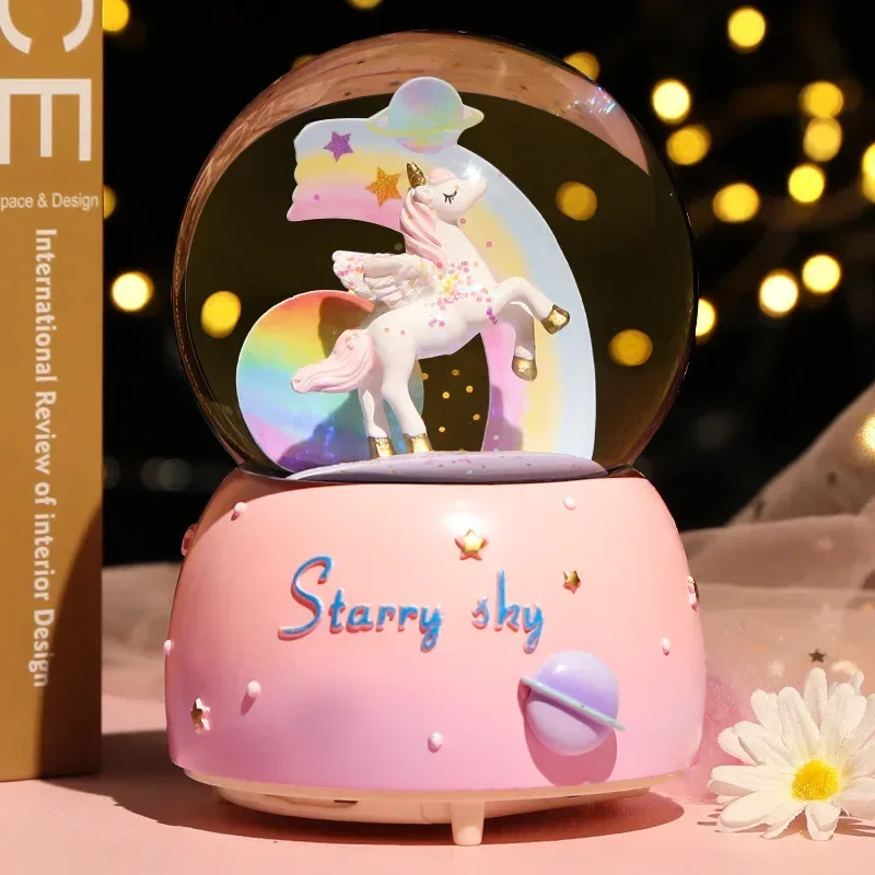 

New Crystal Ball Music Box Girl Heart Unicorn Luminous Snowflake Music Box Girlfriend Romantic Birthday Gift Ornament Snow Globe