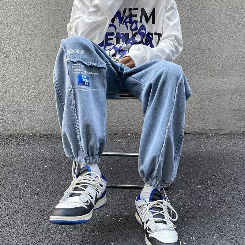 Fashion Patchwork Men's Jeans Hip Hop Streetwear Spliced Color Furred Denim Trousers Drawstring Casual Straight Leg Baggy Pants