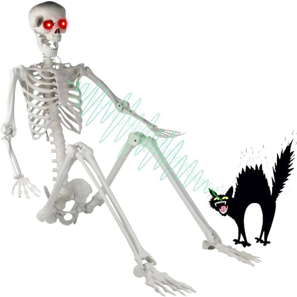 6FT Halloween Skeleton Decorations - Life Size Skeleton Decoration Realistic Pose-n-Stay Human Skeleton with LED Glowing Eyes