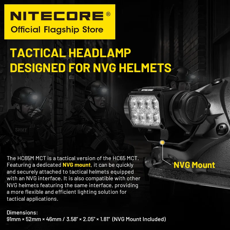 NITECORE HC65M MCT Tactical Headlamp Compatible NVG Helmet Multiple Color Temperatures USB-C LED Headlight,18650 Li-ion Battery