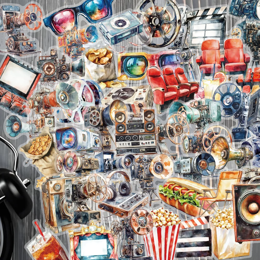 50PCS Retro Art Movie Projection PET Stickers Fun Film Tape Popcorn Sound Creative Collection DIY Phone Case Scrapbook Gift