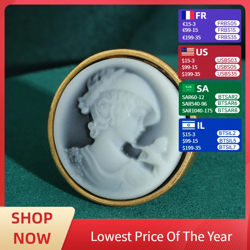 

Antique Cameo Relief Ring Beauty'S Head Decoration Stone Woman Elegant Vintage Jewelry Round Gold Color Charms Luxury Designer