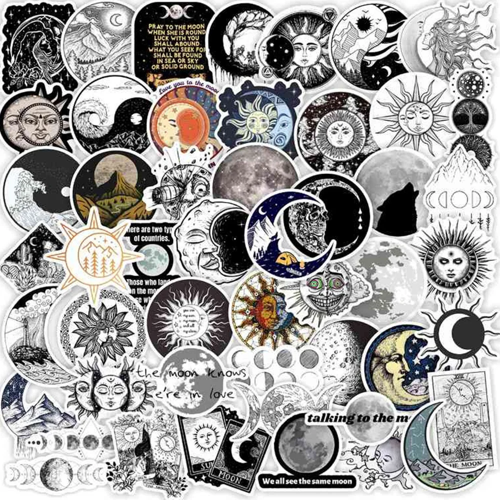 

10/30/50pcs Vintage Black White Aesthetic Moon Sun Stickers Decal for Luggage Water Bottle Motorcycle Retro PVC Sticker Graffiti