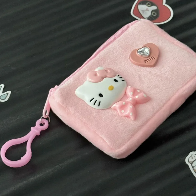 Mininstants Sanurgente-Porte-monnaie en peluche rose mignon pour femme, porte-cartes, pendentif, mini sac à main, cadeau pour enfant, coeur Girly, Hello Kitty