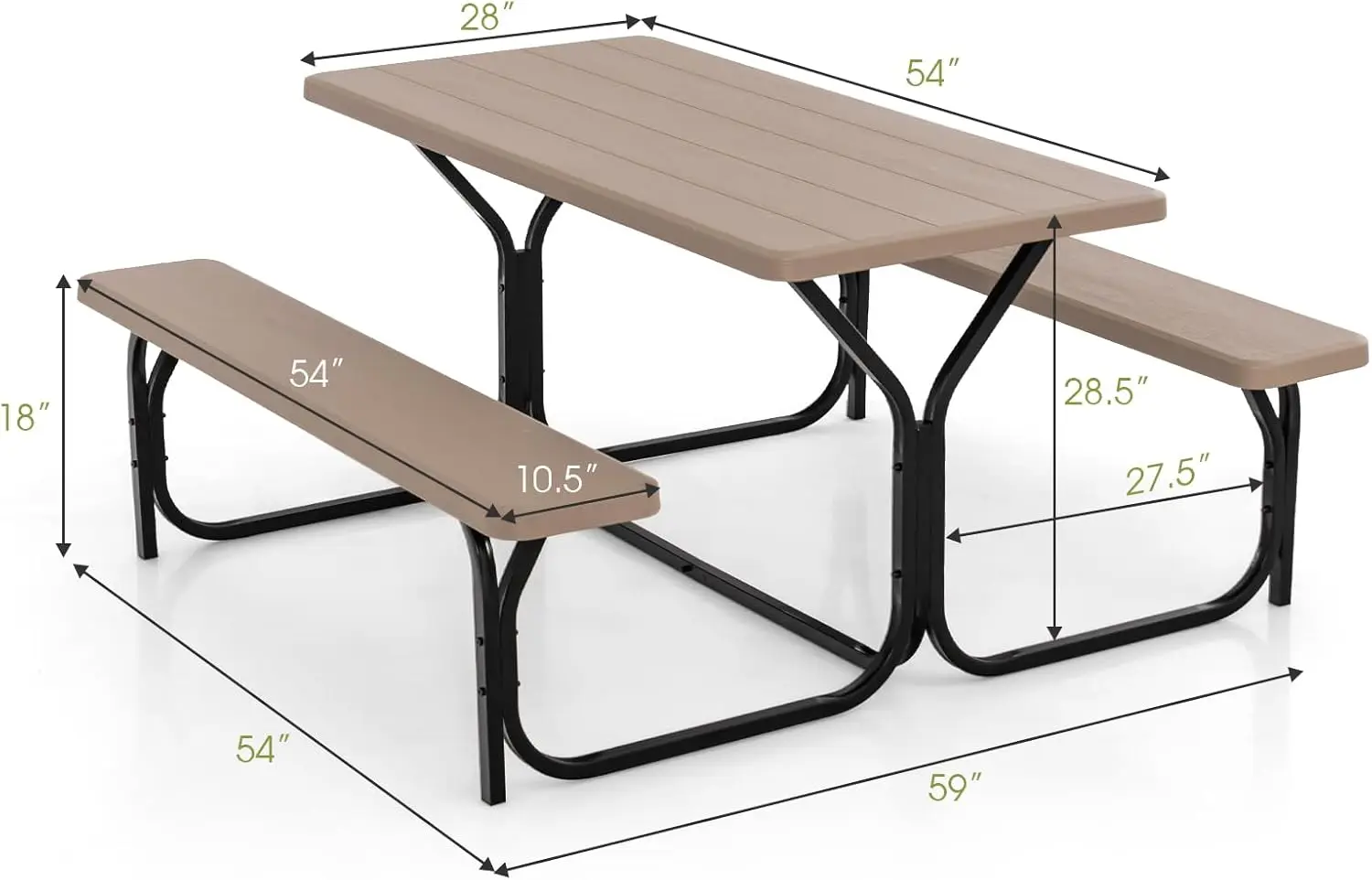 Picknicktisch für 8 Personen, Esstisch-Set für den Außenbereich mit 2 Bänken, Tischplatte mit Holzmaserung und Metallrahmen für jedes Wetter, Camping-Picknick